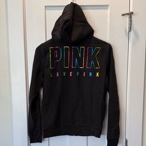PINK Victoria's Secret Black Full-Zip Hoodie with Rainbow Metallic Graphic